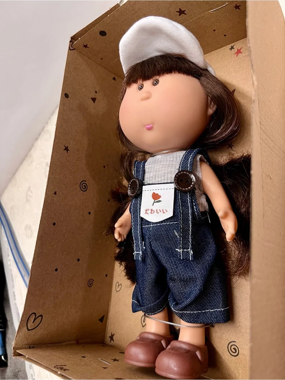 New, Mia Potato Fashion Doll with Brown Hair and White Cap - Cute Jean Overalls